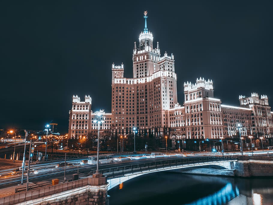 Moscow seven sister, lighted classic building, lights, night HD wallpaper