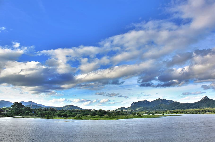 sky, lagoon, mountain, sun, nature, travel, landscape, blue HD wallpaper