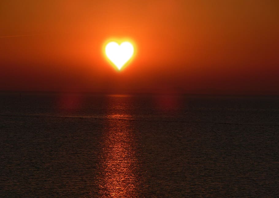 sunset on sea, background, texture, heart, love, heart shape