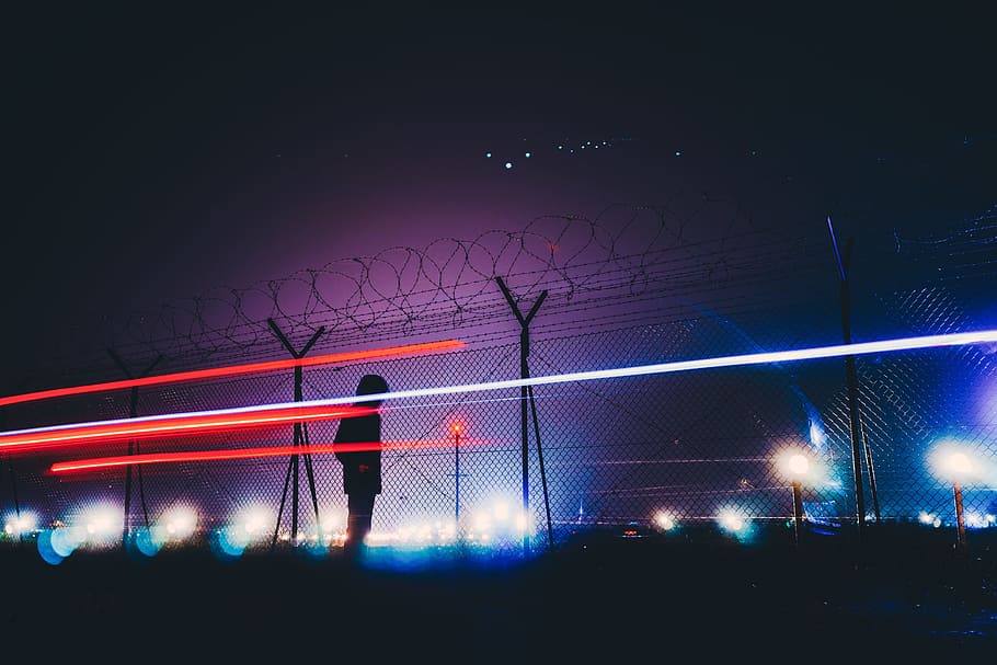 dark, night, sky, lights, wire, fence, long exposure, people HD wallpaper