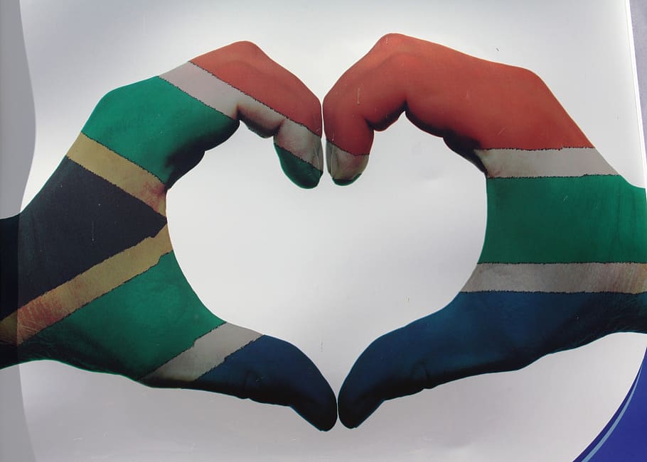 South Africa flag heart hand sign, love symbol, hands, human body part, HD wallpaper