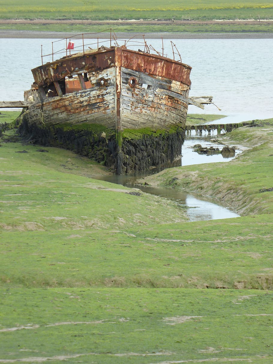 wreck, boat, isle of wight, shipwreck, abandoned, shore, water, HD wallpaper