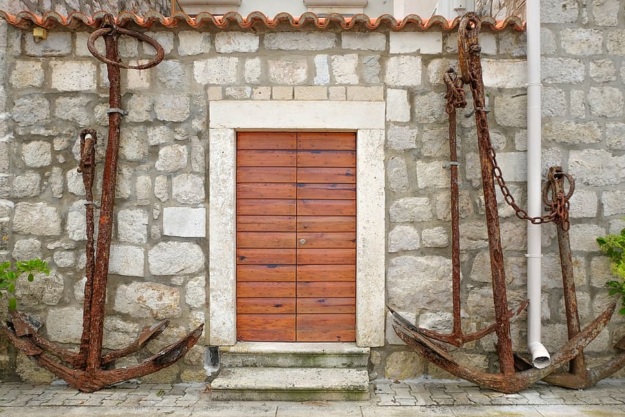 brown anchor near brown wooden door, background, design, doorway HD wallpaper
