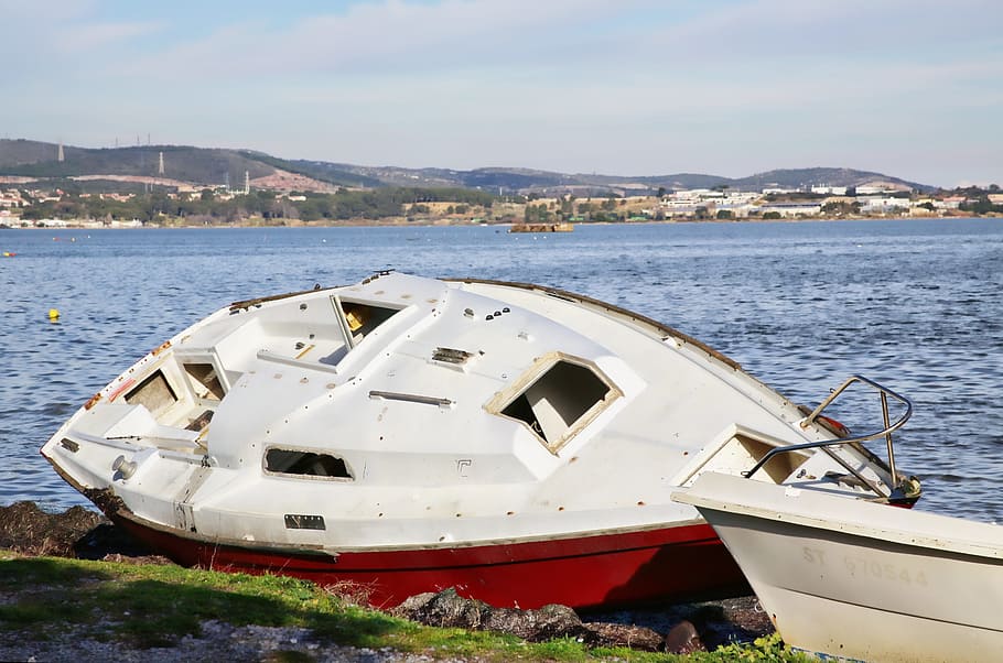 boat, failed, failed boat, wreck, water, landscape, side, mode of transportation HD wallpaper