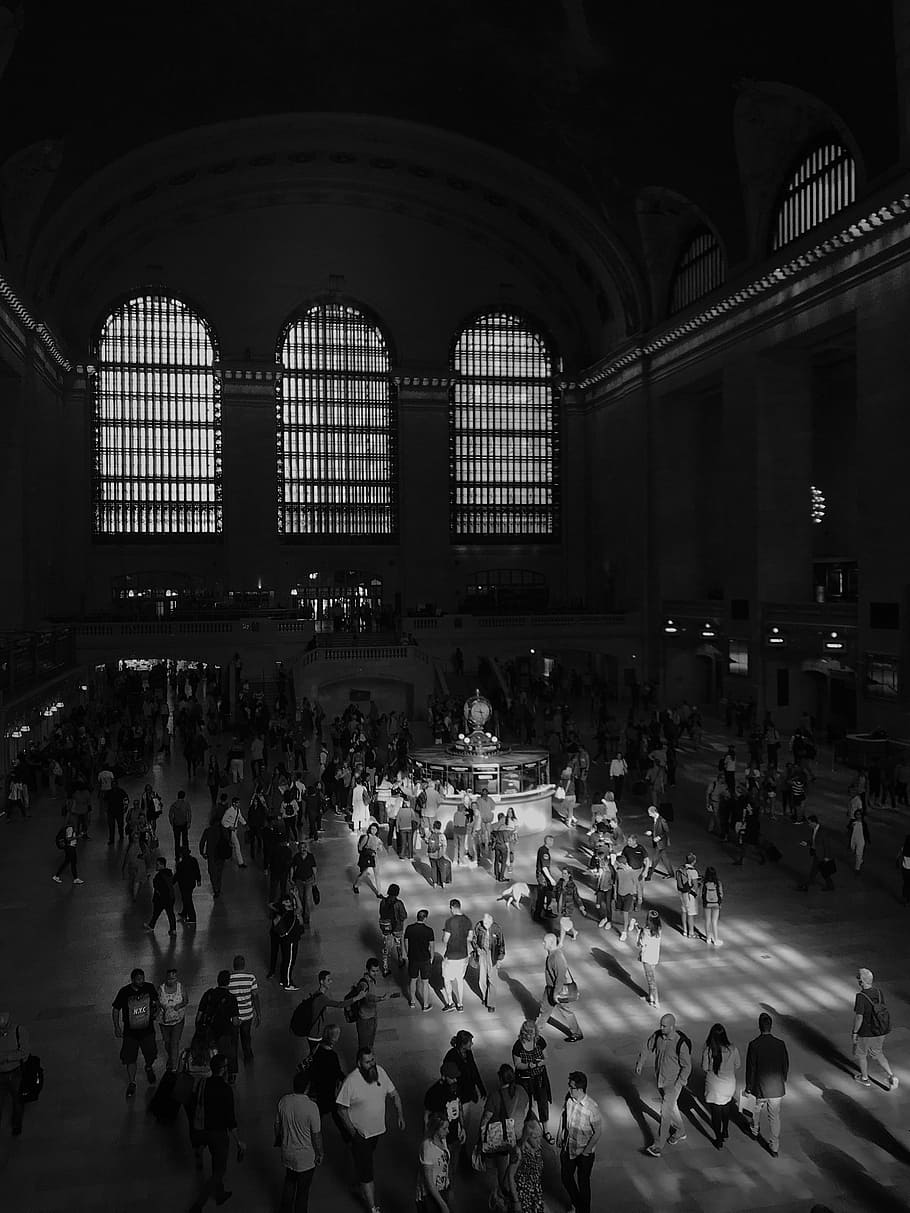 grayscale photography of people inside building, greyscale photo of crowd of people inside building HD wallpaper
