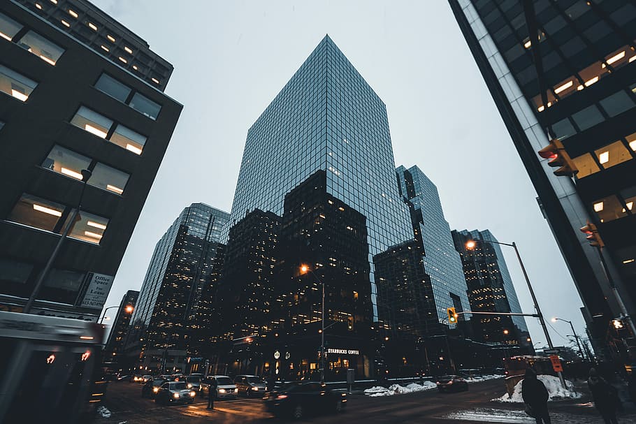 low angle photography of building, low angle photo of glass high-rise building HD wallpaper