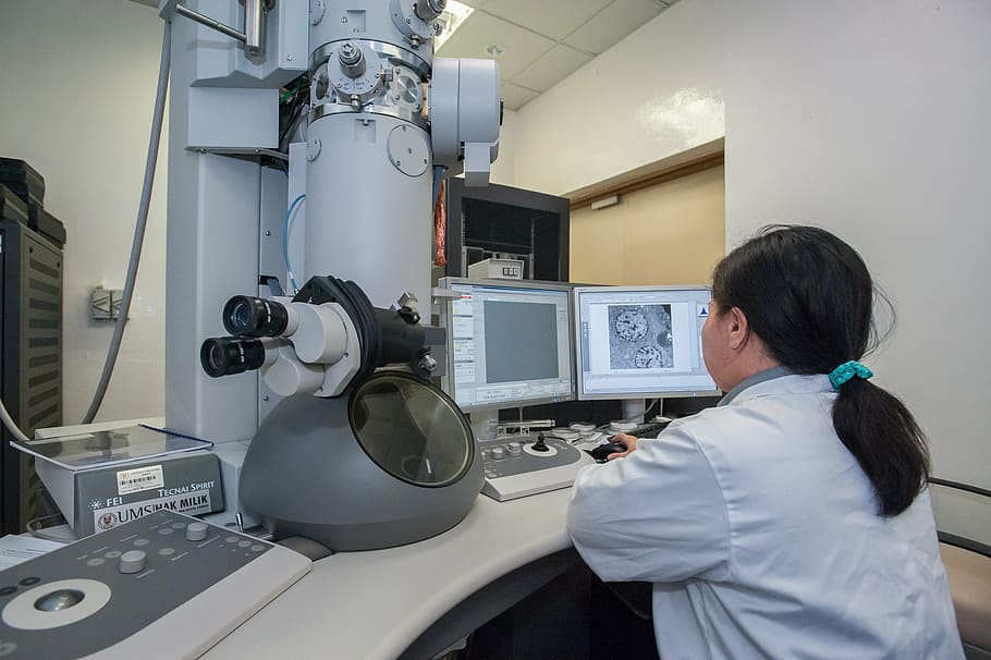 woman looking at the monitor, transmission electron microscope, HD wallpaper