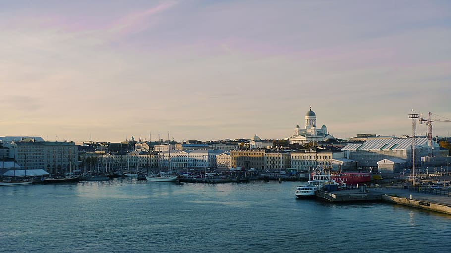 photo of city buildings near body of water, helsinki, harbor HD wallpaper
