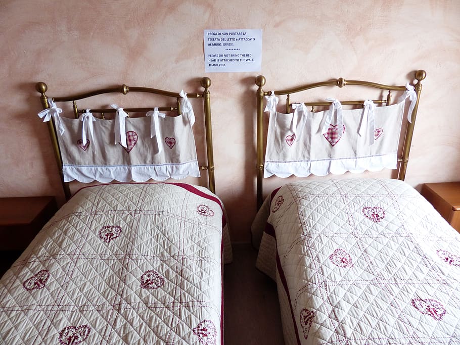 two beige bed inside room, double bed, stay, sleep, pension HD wallpaper