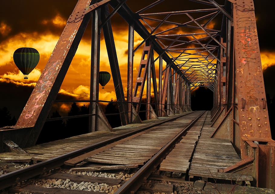 brass-colored bridge, rustic, hot air balloon, sundown, landscape HD wallpaper