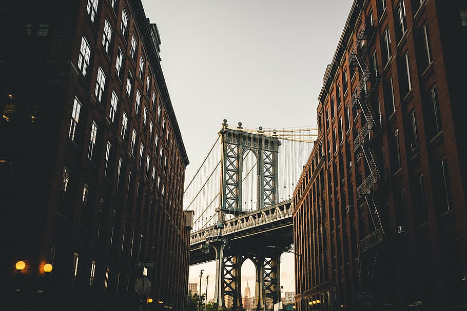 bridge in between building, architecture, infrastructure, steel HD wallpaper