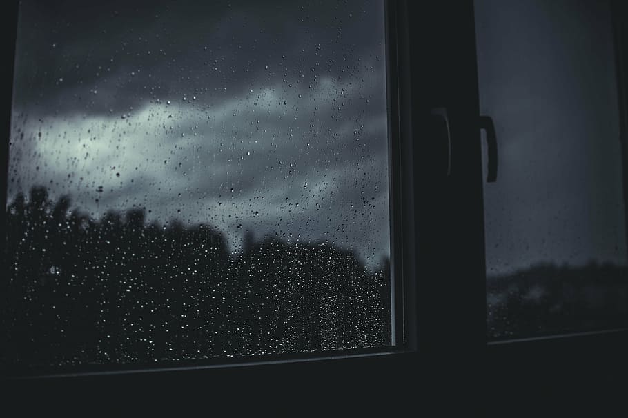 water drops on glass window, rain, dark, night, room, house, sleep