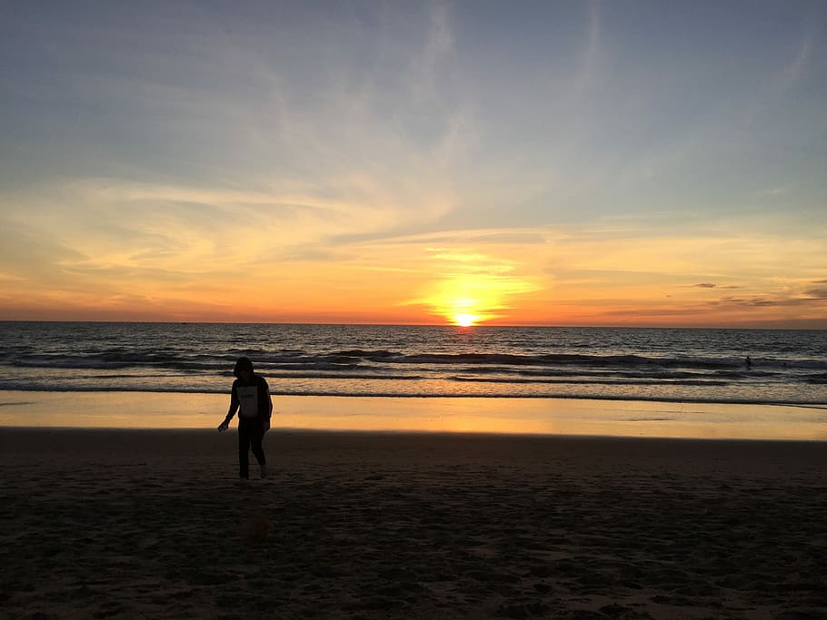 sunset, beach, water, silhouette, ocean, dusk, pacific ocean HD wallpaper