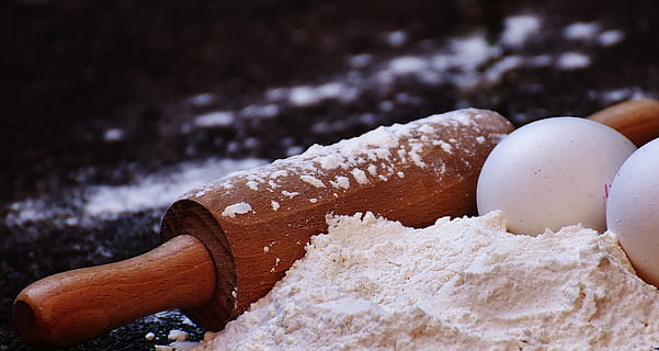 rolling pin with two eggs and flour, bake, ingredients, prepare HD wallpaper