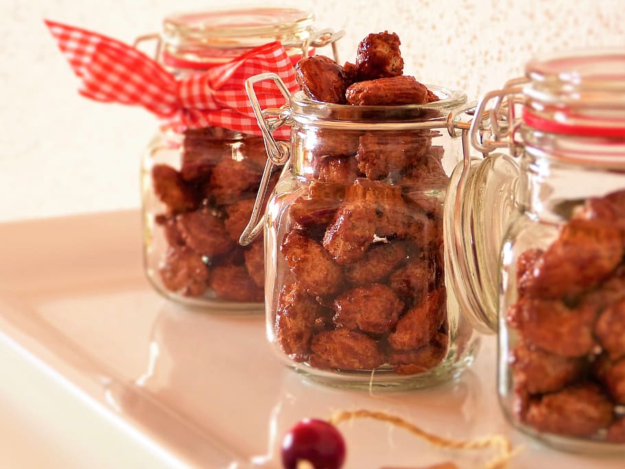 nuts in clear jar, almonds, burned, gift, glasses, advent, christmas HD wallpaper