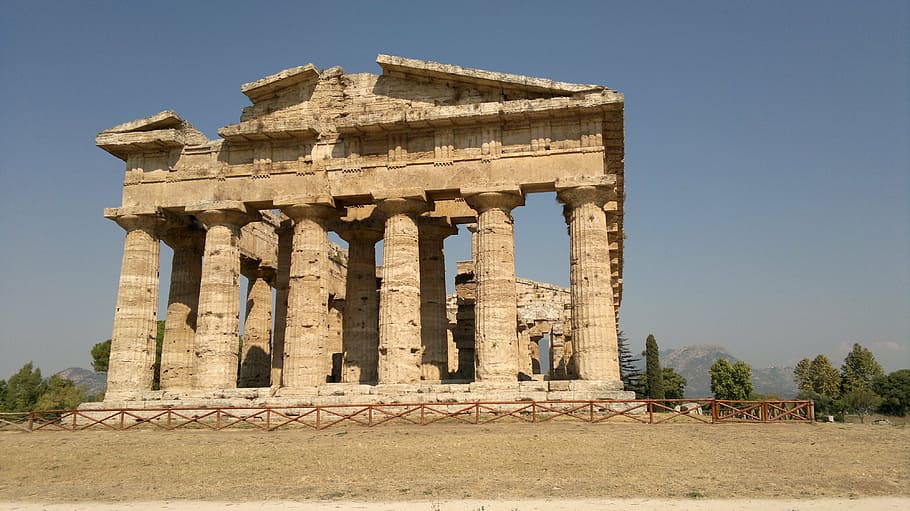 temples, greeks, paestum, architecture, history, the past, ancient, HD wallpaper