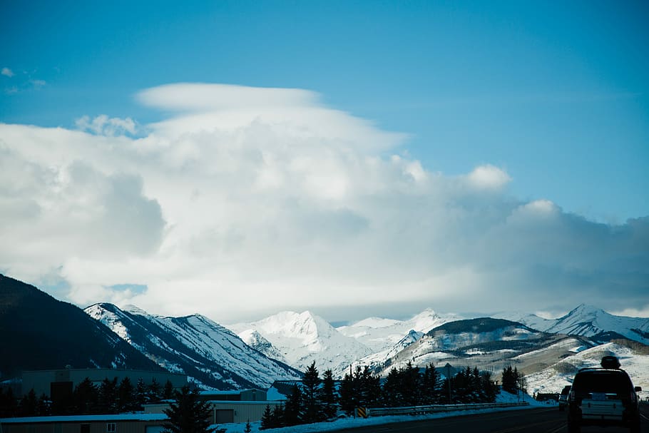 The Drive, white cloud, blue, sky, mountain, tree, snow, cold temperature HD wallpaper