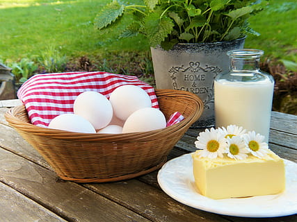 bunch of eggs on brown wicker basket, milk, butter, out, garden HD wallpaper