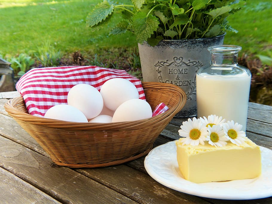 bunch of eggs on brown wicker basket, milk, butter, out, garden HD wallpaper