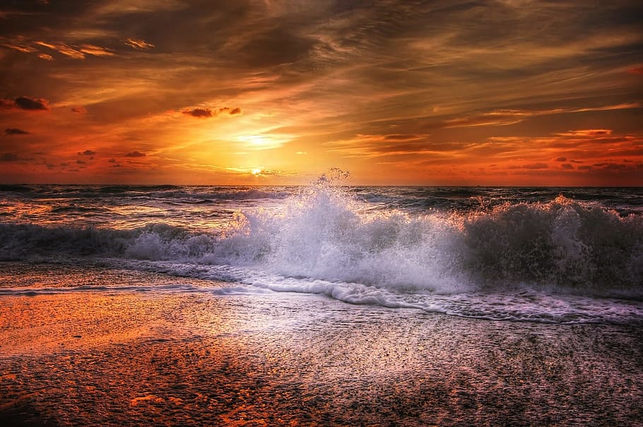 blue ocean waves on shore during sunset, sea waves, daytime, denmark, HD wallpaper