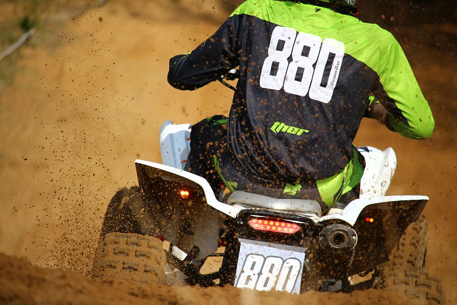 person riding on white and black ATV, motocross, quad, race HD wallpaper