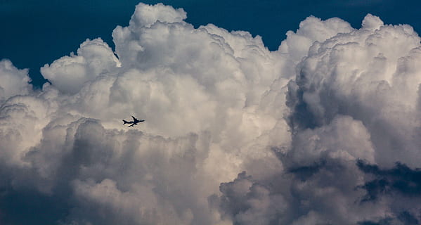gray plane on cloud, sky, airplane, fly, flight, travel, vacation HD wallpaper