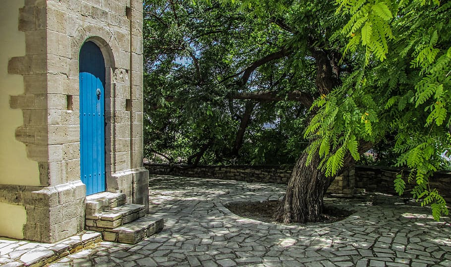 Slate, Square, Tree, Door, Stone, village, cyprus, kato lefkara HD wallpaper