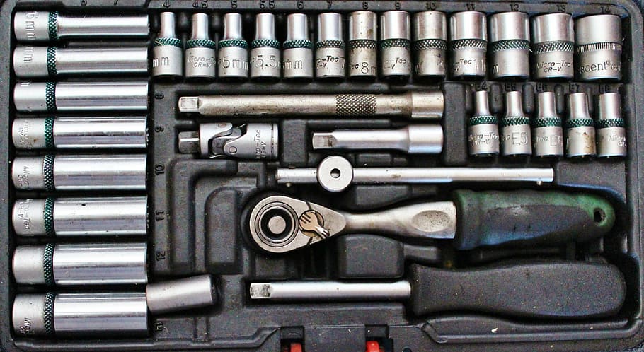 ratchet wrench set, ratchet box, tool, workshop, nuts, gun, full frame
