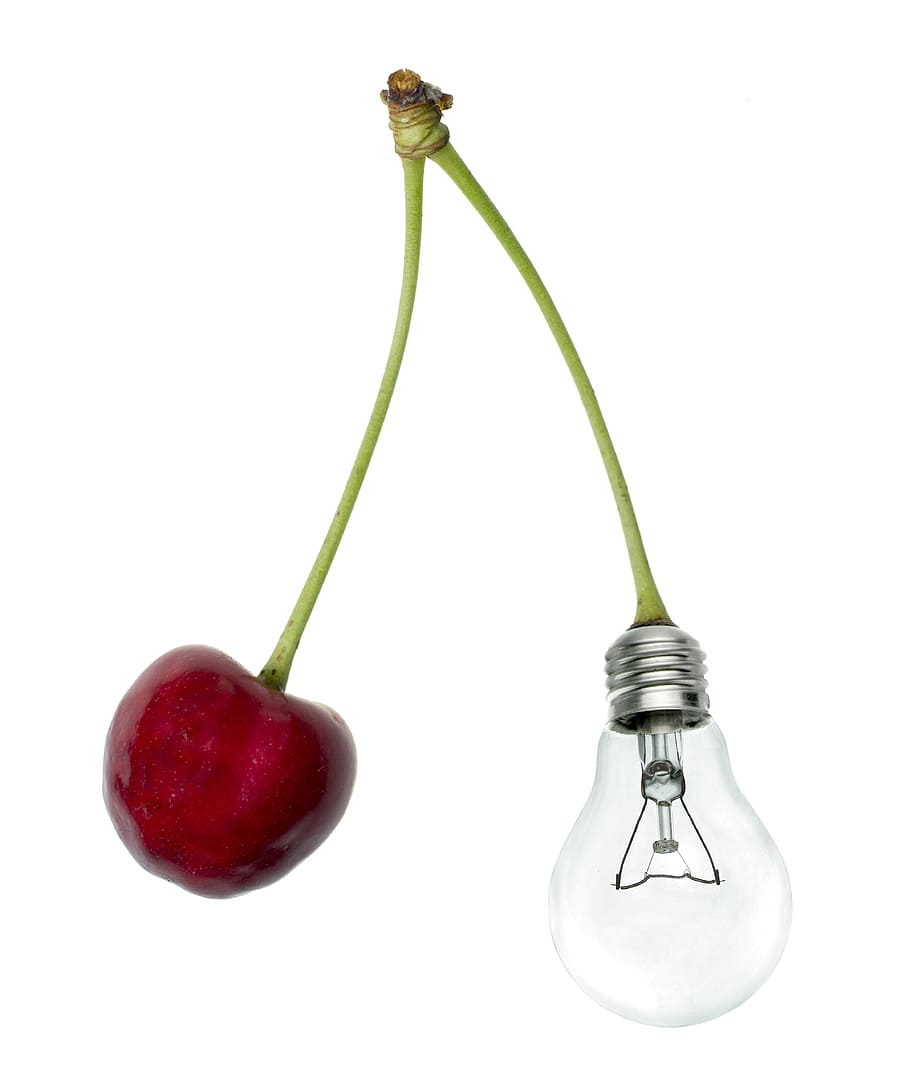 incandescent bulb and fruit decor, cherry, technology, environmental HD wallpaper