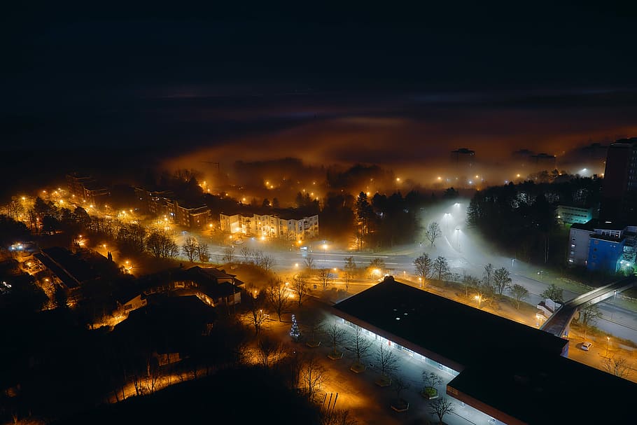 photo of city scape, aerial view of village during nighttime HD wallpaper