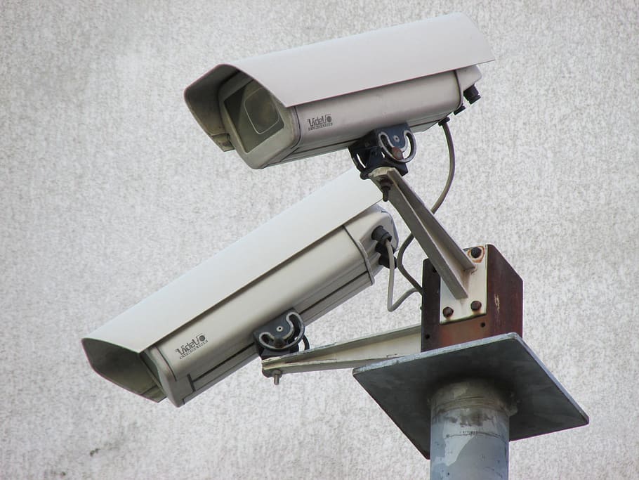 two white bullet security cameras, surveillance camera, monitoring