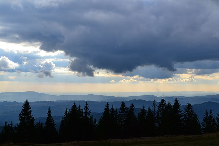 Clouds, Hills, Nature, Tree, trees, sunset, horizon, heaven HD wallpaper