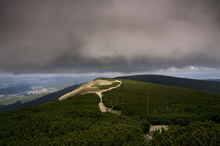 landscape, mountain, sky, nature, clouds, storm, the path, spacer HD wallpaper
