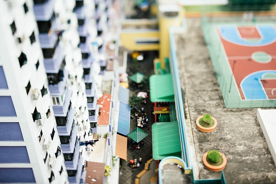assorted-color city view scale model, aerial photography of white and blue concrete building HD wallpaper