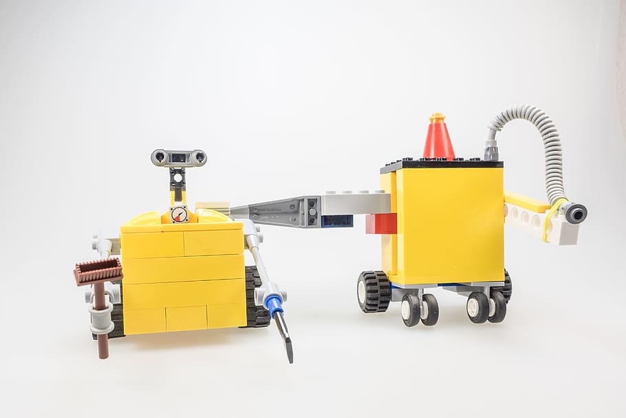 two yellow industrial machine, lego, wall-e, figure, cult, computer HD wallpaper