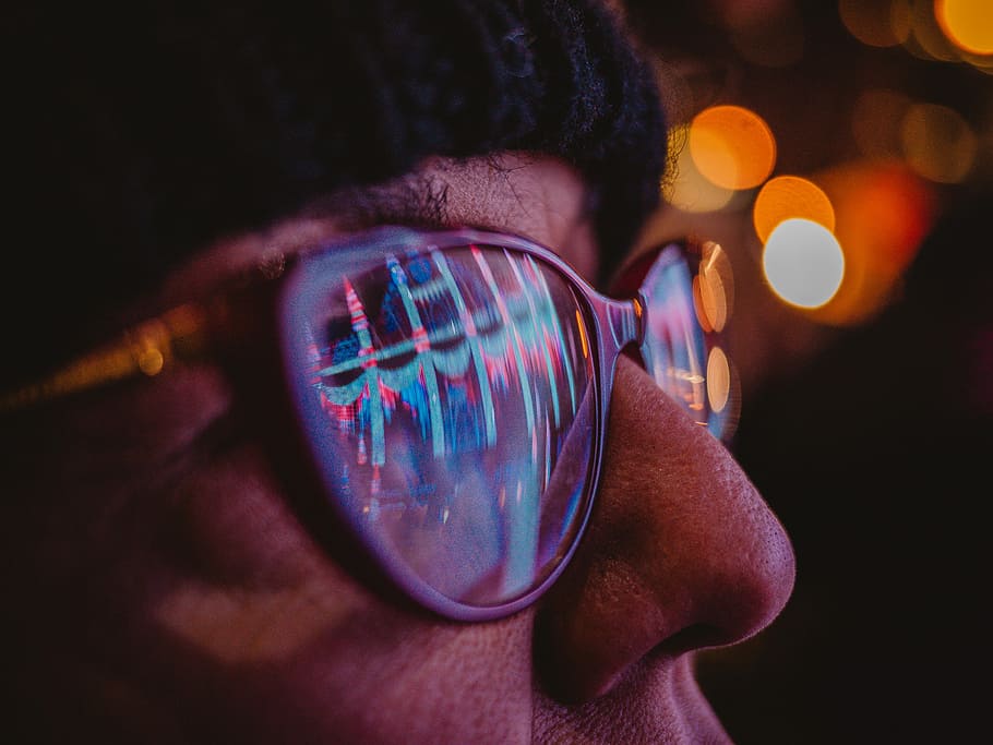 purple sunglasses, night, dark, lights, bokeh, human body part HD wallpaper