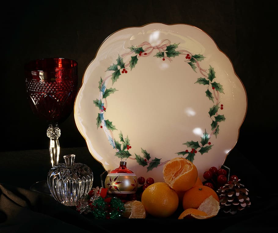 christmas still life, holiday cake plate, tangerines, goblet, HD wallpaper