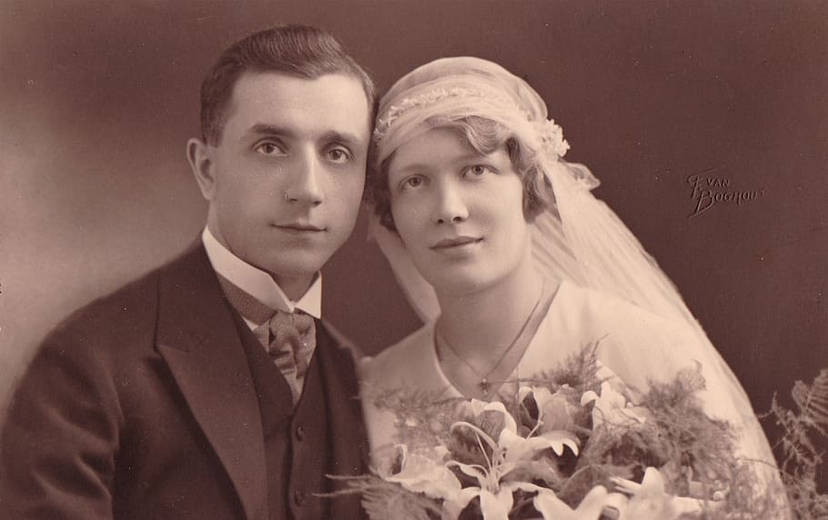 grayscale photo of man and woman, vintage, wedding, grandparents, HD wallpaper