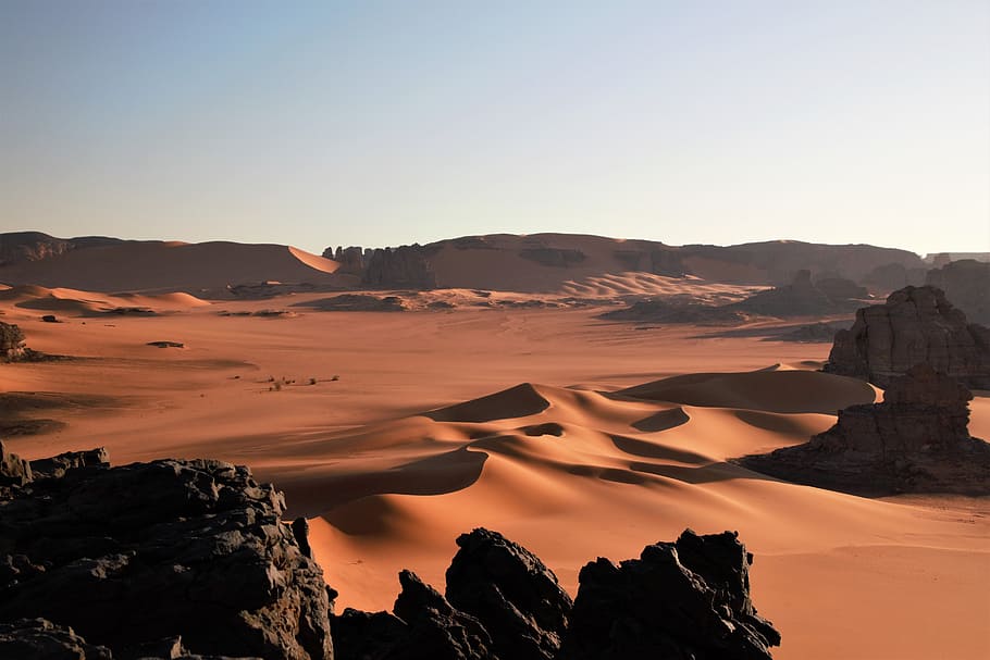 desert field near rocks, algeria, tassili n'ajjer, sahara, sand, HD wallpaper