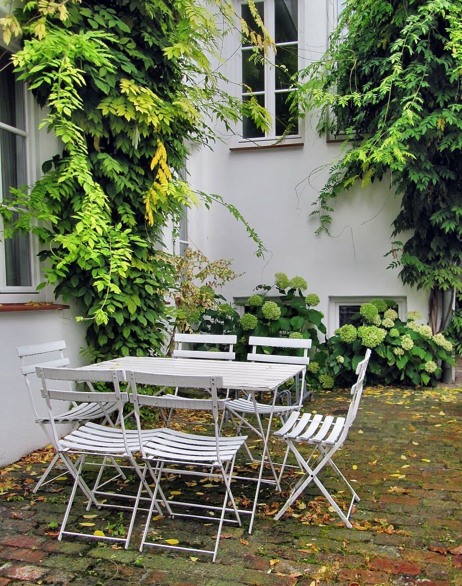 white patio set, garden, garden furniture, garden chairs, backyard, HD wallpaper