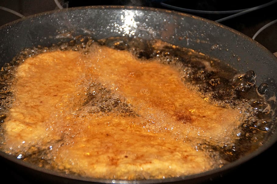 oil on wok, pork, cuttings, fried, pan, kitchen, cooking, frying