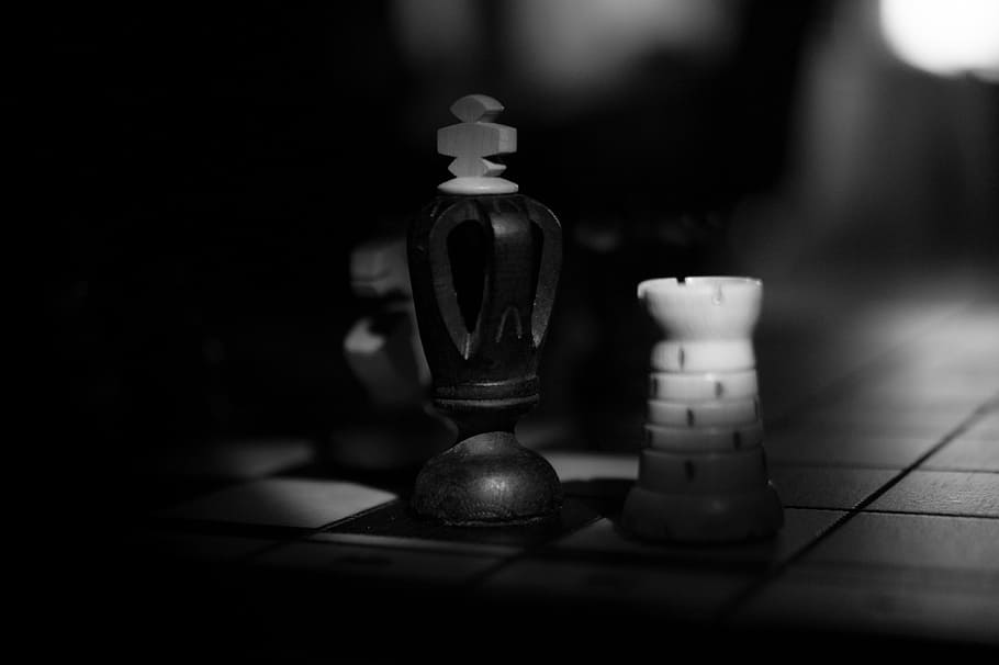 grayscale photo of chess pieces, king, board, competition, pawn