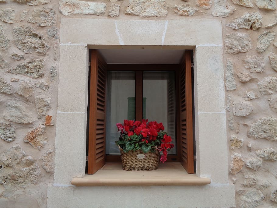 window, flowers, basket, cheerful window, rustic, built structure HD wallpaper