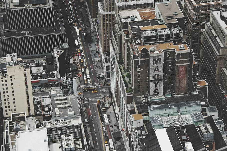 aerial photography of Macys building, aerial view of concrete buildings HD wallpaper