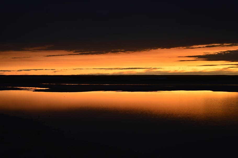 sunset, salinas, sky, orange, nature, reflection, dusk, water HD wallpaper
