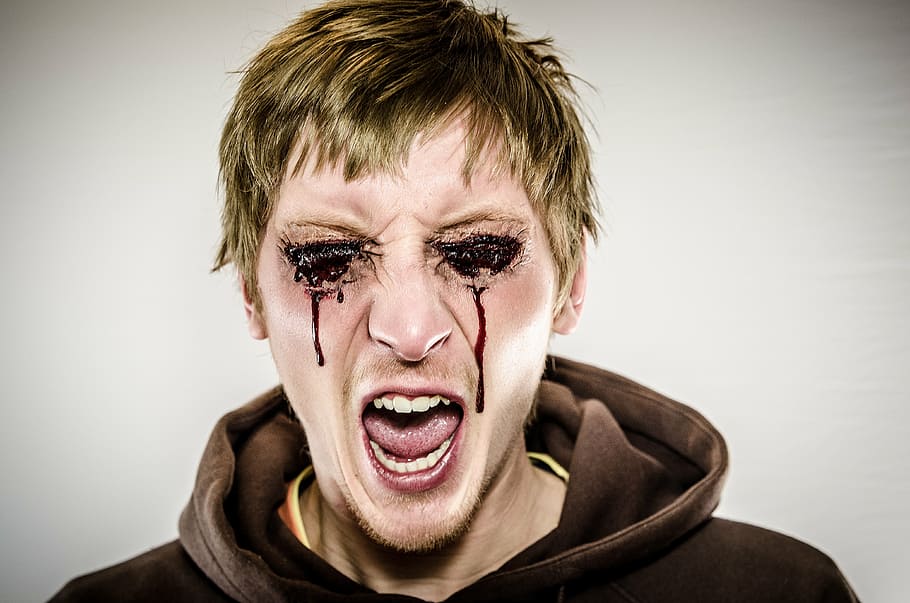 man wearing brown hoodie with blood tears, bleeding eyes, dead, HD wallpaper