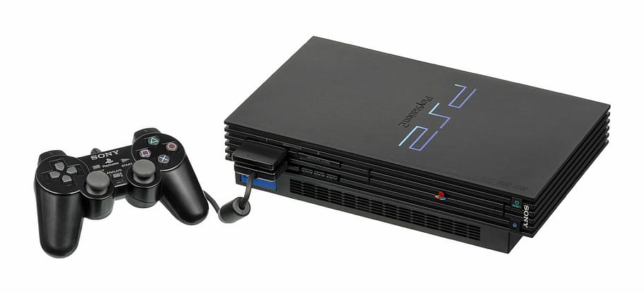 black Sony PS2 console beside game controller, video game console, HD wallpaper