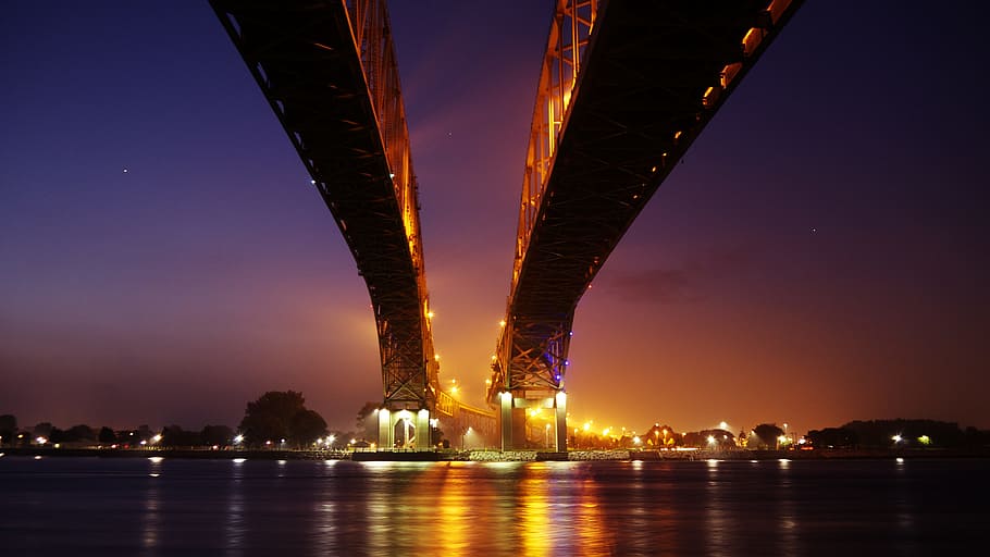 black bridge photo during sunset, bridge over water, highway HD wallpaper