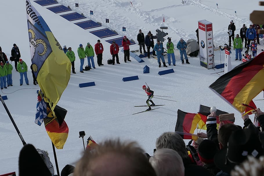 human, snow, flag, winter, biathlon, antholz 2018, cross country skiing, HD wallpaper