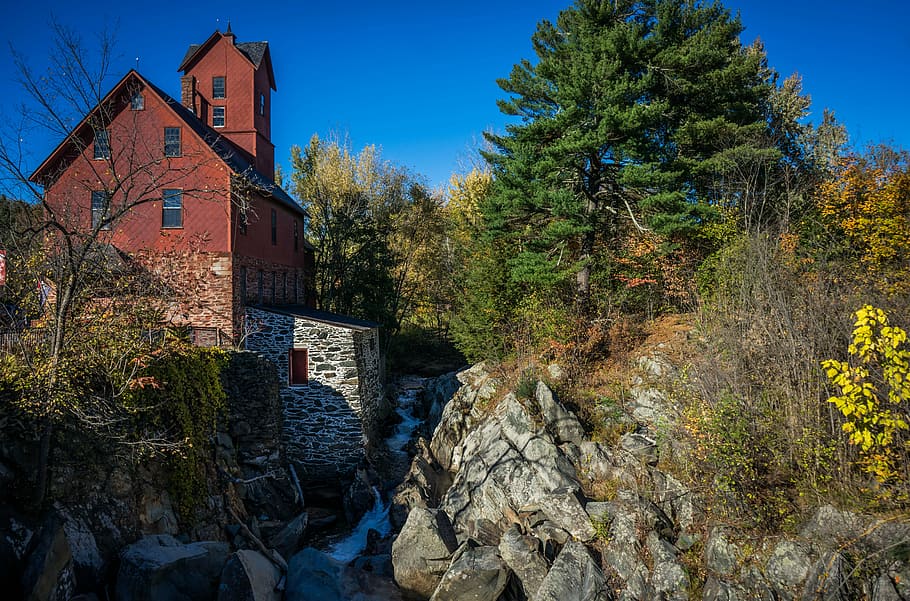 scenery of forest, old mill, vermont, jericho, architecture HD wallpaper